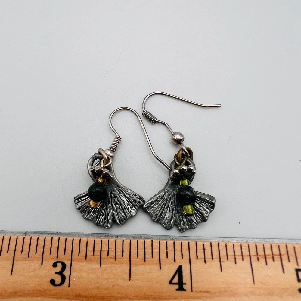 Vintage Silver Tone Ginkgo Leaf Dangle Earrings with Green Black Beads Boho